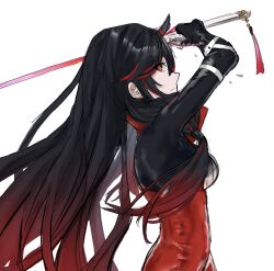 Rule 34 | 1girl, black bodysuit, black hair, black horns, bodysuit, gradient hair, highres, holding, holding sword, holding weapon, horns, long hair, lucia: lotus (daybreak) (pgr), lucia (pgr), metanait510, multicolored hair, punishing: gray raven, red bodysuit, red eyes, red hair, solo, streaked hair, sword, two-tone bodysuit, weapon, white background