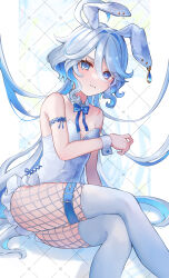 Rule 34 | 1girl, absurdres, alternate costume, animal ears, arm strap, bare shoulders, belt, blue bow, blue bowtie, blue hair, blush, bow, bowtie, colored inner hair, detached collar, drop-shaped pupils, fake animal ears, fishnet pantyhose, fishnets, furina (genshin impact), genshin impact, grey hair, hand up, heterochromia, highres, leotard, long hair, mismatched pupils, mugita (mokankan), multicolored hair, pantyhose, pillarboxed, playboy bunny, rabbit ears, solo, strapless, strapless leotard, symbol-shaped pupils, tearing up, thigh belt, thigh strap, thighhighs, wavy mouth, white leotard, white thighhighs, wrist cuffs