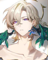 Rule 34 | 1boy, absurdres, aventurine (honkai: star rail), blonde hair, collarbone, earrings, halo, head wings, highres, honkai: star rail, honkai (series), jewelry, looking at viewer, male focus, neck tattoo, off shoulder, peacock feathers, plus q, shirt, short hair, solo, tattoo, torn clothes, torn shirt, two-tone eyes, wings
