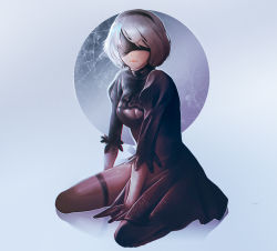 Rule 34 | 1girl, between legs, black dress, black hairband, blindfold, boots, cleavage cutout, clothing cutout, covered eyes, dress, feather-trimmed sleeves, hairband, hand between legs, highres, juliet sleeves, kneeling, long sleeves, nier (series), nier:automata, pink lips, puffy sleeves, seiza, silver hair, sitting, solo, thigh boots, thighhighs, thighhighs under boots, tofu sean, vambraces, 2b (nier:automata)