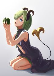Rule 34 | 1girl, nanashi inc., absurdres, apple, bare shoulders, blue eyes, breasts, demon girl, demon horns, demon tail, eyepatch, food, fruit, green apple, green hair, highres, holding, holding food, holding fruit, honey strap, horns, looking at viewer, medium breasts, midriff, navel, open mouth, seiza, sekishiro mico, short hair, sitting, sleeveless, solo, tail, underboob, virtual youtuber, white background, yatarime
