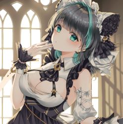 Rule 34 | 1girl, aqua eyes, azur lane, black dress, black hair, blush, breasts, cheshire (azur lane), cleavage, cleavage cutout, clothing cutout, dress, frilled bracelet, frills, green hair, hair ornament, highres, large breasts, looking at viewer, maid, maid headdress, multicolored hair, nail polish, piercing, pink nails, solo, streaked hair, two-tone dress, two-tone hair, ueng, window