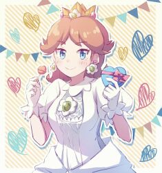 Rule 34 | 1girl, absurdres, blue eyes, blush, breasts, brown hair, candy, crown, dress, earrings, flower earrings, food, gift, gloves, heart, highres, jewelry, looking at viewer, mario (series), medium breasts, missou shiro, nintendo, princess daisy, solo, spoken heart, standing, super mario land, super smash bros., tomboy, white dress