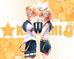 Rule 34 | 1boy, 1girl, bad id, bad pixiv id, belt, blonde hair, blue eyes, bow, brother and sister, detached sleeves, dopollsogno, closed eyes, hair bow, hair ornament, hairclip, headset, kagamine len, kagamine rin, midriff, short hair, shorts, siblings, twins, vocaloid, zoom layer