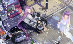 Rule 34 | 2girls, absurdres, bench, brown footwear, cat, dress, fate/stay night, fate (series), forehead, glasses, highres, jacket, li (m4a1sparkle), long hair, looking at viewer, matou sakura, medusa (fate), medusa (rider) (fate), motor vehicle, motorcycle, multiple girls, on motorcycle, purple eyes, purple hair, traffic cone, vending machine, very long hair, white dress, white jacket