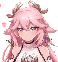 Rule 34 | 1girl, animal ears, close-up, commentary request, detached sleeves, earrings, fox ears, genshin impact, hair between eyes, hair ornament, heart, highres, jewelry, long hair, looking at viewer, parted lips, petals, pink hair, purple eyes, sidelocks, simple background, smile, solo, vision (genshin impact), white background, xishuu (user dvah3828), yae miko