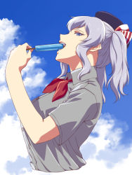 Rule 34 | 1girl, blue eyes, blue sky, cloud, collared shirt, food, from side, grey hair, grey shirt, hand up, hat, holding, ishii hisao, kantai collection, kashima (kancolle), neckerchief, open mouth, popsicle, profile, red neckerchief, shirt, short sleeves, sidelocks, sky, smile, solo, twintails, wing collar
