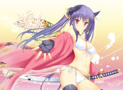 Rule 34 | 1girl, 47agdragon, bare shoulders, bikini, black thighhighs, blue hair, blush, breasts, chrysanthemum print, cleavage, demon tail, fingerless gloves, floral print, front-tie top, gloves, horns, katana, looking at viewer, navel, original, outstretched hand, pixiv fantasia, pixiv fantasia sword regalia, pointy ears, purple hair, red eyes, scabbard, sheath, shiny skin, side-tie bikini bottom, skindentation, small breasts, smile, solo, swimsuit, sword, tail, thighhighs, twintails, weapon, white bikini