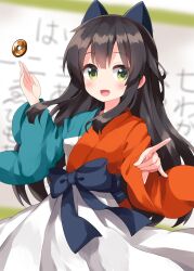 1girl :d black_hair blue_bow blue_kimono blurry blurry_background blush bow commentary_request cowboy_shot fox_shadow_puppet green_eyes hair_bow hand_up highres japanese_clothes kimono long_hair long_sleeves looking_at_viewer open_mouth orange_kimono ruu_(tksymkw) smile solo tatsumi_kon two-tone_kimono urara_meirochou waist_bow wide_sleeves