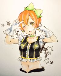 Rule 34 | 1girl, bad id, bad pixiv id, blonde hair, choker, collarbone, crop top, cropped torso, gloves, green choker, hair between eyes, highres, hoshizora rin, love live!, love live! school idol festival, love live! school idol project, midriff, navel, open mouth, short hair, simple background, solo, stomach, upper body, uro (m369), white background, white gloves, yellow eyes