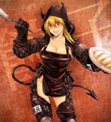Rule 34 | 1girl, apron, blonde hair, breasts, chaps, cleavage, demon tail, dorohedoro, dumpling, elbow gloves, food, gloves, hood, horns, jiaozi, large breasts, long hair, nikaidou (dorohedoro), no bra, open mouth, red eyes, smile, solo, spatula, tail, zoosama