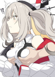 Rule 34 | !?, 1girl, bare shoulders, breasts, disembodied hand, dress, fate/grand order, fate (series), grabbing, grabbing another&#039;s breast, grey hair, hat, jacket, long hair, long sleeves, marie antoinette (alter) (fate), marie antoinette (alter) (first ascension) (fate), marie antoinette (fate), medium breasts, off shoulder, open clothes, open jacket, shiseki hirame, sidelocks, solo focus, two side up, white dress, white hair, white hat, white jacket, yellow eyes