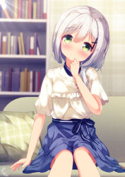 Rule 34 | 1girl, backlighting, blue skirt, blurry, blurry background, blush, book, bookshelf, chinomaron, closed mouth, commentary request, couch, depth of field, green eyes, hair between eyes, hair ornament, hairclip, head tilt, highres, kazami yuika, long hair, on couch, plaid pillow, shirt, short sleeves, signature, silver hair, sitting, skirt, smile, solo, sunlight, virtual youtuber, white shirt, yuika&#039;s room