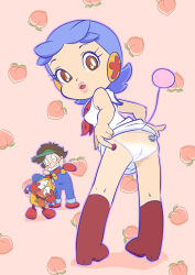 Rule 34 | 1girl, 2boys, ^ ^, ass, beeton (robokko beeton), blue hair, blue overalls, boots, breasts, brown eyes, brown hair, closed eyes, clothes lift, dress, dress lift, female focus, food, forehead, fruit, green headwear, grin, hands on own cheeks, hands on own face, hands up, happy, high heels, highres, humanoid robot, knee boots, kneepits, leaning forward, legs, lifted by self, lips, long sleeves, looking at viewer, looking back, maa-chan (robokko beeton), multiple boys, neckerchief, nennen (robokko beeton), oira wa arumajiro, open mouth, overalls, panties, peach, pigeon-toed, pink background, purple outline, push-button, red footwear, red neckerchief, red shirt, robokko beeton, robot, sailor collar, sailor dress, see-through panties, shirt, short dress, short hair, sleeveless, sleeveless dress, small breasts, smile, solo focus, tail, tail raised, teeth, thighs, tongue, tongue out, underwear, visor cap, white dress, white panties, white sailor collar