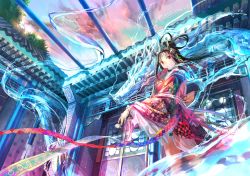 Rule 34 | 1girl, architecture, bare legs, black hair, chinese clothes, dragon, east asian architecture, from below, fuzichoco, hair ornament, hanfu, highres, long hair, looking back, original, outstretched arm, red eyes, sky, solo, tree, water