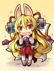 Rule 34 | 1girl, animal ears, bare hips, blonde hair, chibi, eyebrows, fang, flying sweatdrops, fox ears, fox tail, hair ornament, hakama, hakama short skirt, hakama skirt, hip vent, izuna (shinrabanshou), japanese clothes, long hair, looking at viewer, miko, multiple tails, open mouth, pigeon-toed, red eyes, sandals, saru 000, scroll, shinrabanshou, simple background, skirt, slit pupils, solo, tail, thick eyebrows, thighhighs, very long hair, white thighhighs, wide sleeves, yellow background