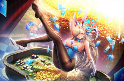 Rule 34 | 1girl, absurdres, animal ears, asuna (blue archive), asuna (bunny) (blue archive), bare shoulders, between breasts, blonde hair, blue archive, blue eyes, blue leotard, blue ribbon, blush, bow, bowtie, breasts, brown pantyhose, card, casino card table, coin, commentary, elbow gloves, fake animal ears, feet, full body, gloves, hair ornament, hair over one eye, hair ribbon, halo, high heels, highleg, highleg leotard, highres, large breasts, legs up, leotard, long hair, manic shd, mole, mole on breast, no shoes, pantyhose, parted lips, playboy bunny, playing card, poker chip, rabbit ears, revision, ribbon, shiny clothes, shiny skin, shoe dangle, shoes, simple background, single shoe, sitting, smile, soles, solo, strapless, strapless leotard, table, traditional bowtie, very long hair, white gloves