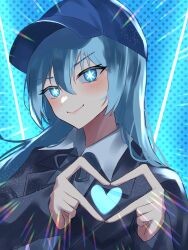 Rule 34 | 1girl, absurdres, baseball cap, blue eyes, blue hair, blue jacket, blue ribbon, blue theme, blush, closed mouth, collared shirt, commentary, hair between eyes, hat, heart, heart hands, highres, indie utaite, jacket, light particles, long fingers, long hair, long sleeves, looking at viewer, neck ribbon, ribbon, shirt, solo, star-shaped pupils, star (symbol), symbol-shaped pupils, tsukuno tsuki, upper body, utaite, white shirt, yamada. (utaite)