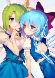 Rule 34 | 2girls, adapted costume, ainy, artist name, back cutout, backless outfit, blue eyes, blue hair, blue skirt, blue vest, blush, bow, breasts, cirno, clothing cutout, commentary request, cowboy shot, daiyousei, dress, fairy wings, from behind, green hair, hair bow, hand up, highres, ice, ice wings, looking at viewer, looking back, medium breasts, midriff peek, multiple girls, necktie, parted lips, pinafore dress, purple bow, shirt, short hair, skirt, skirt set, sleeveless dress, standing, touhou, twitter username, upper body, vest, white shirt, wings, yellow bow, yellow neckwear