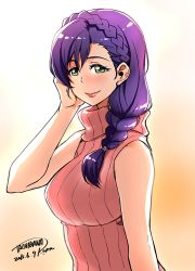 Rule 34 | 1girl, blush, braid, closed mouth, crown braid, dated, green eyes, hair over shoulder, hand up, lipstick, looking at viewer, love live!, love live! school idol project, makeup, orange background, purple hair, red lips, signature, sleeveless, sleeveless sweater, smile, solo, sweater, tachibana roku, tojo nozomi