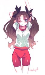 Rule 34 | 1girl, black hair, blue eyes, byulrorqual, fate/stay night, fate (series), parted bangs, simple background, solo, tohsaka rin, twintails, white background