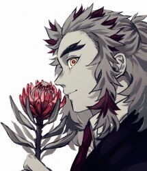 Rule 34 | 1boy, closed mouth, collared shirt, colored tips, flower, forked eyebrows, formal, from side, half updo, hand up, holding, holding flower, imai, jacket, kimetsu no yaiba, long sleeves, male focus, medium hair, monochrome, multicolored hair, necktie, portrait, profile, red flower, red hair, red necktie, rengoku kyoujurou, shirt, sidelocks, simple background, smile, solo, spot color, streaked hair, suit, yellow eyes