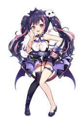 Rule 34 | 1girl, :d, bare shoulders, black footwear, black hair, black thighhighs, blush, breasts, cleavage, cleavage cutout, clothing cutout, commentary request, copyright request, full body, gedou (shigure seishin), hair ornament, hand up, heart cutout, high heels, highres, leotard, long hair, medium breasts, multicolored hair, open mouth, pink hair, red eyes, shoes, simple background, smile, solo, streaked hair, teeth, thighhighs, twintails, upper teeth only, very long hair, virtual youtuber, white background, wrist cuffs