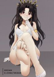 1girl bare_shoulders black_hair bra breasts earrings fate/grand_order fate_(series) fishnet_thighhighs fishnets foot_focus garter_belt gloves hair_ribbon highres hoop_earrings index_finger_raised ishtar_(fate) jewelry long_hair looking_at_viewer medium_breasts necklace panties parted_bangs red_eyes ribbon single_thighhigh sitting smile solo thighhighs tiara two_side_up underwear white_bra white_gloves white_panties xkzan