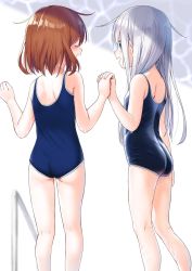 Rule 34 | 2girls, ass, blue eyes, blue one-piece swimsuit, brown hair, closed eyes, commentary request, dx (dekusu), flat ass, from behind, hibiki (kancolle), highres, holding hands, ikazuchi (kancolle), kantai collection, kneepits, long hair, multiple girls, one-piece swimsuit, open mouth, pool ladder, school swimsuit, short hair, silver hair, standing, swimsuit, white background
