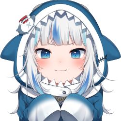 Rule 34 | 1girl, amashiro natsuki, animal hood, bloop (gawr gura), blue eyes, blue hair, blue headwear, blunt bangs, closed mouth, commentary, fangs, gawr gura, hololive, hololive english, hood, hood up, long hair, long sleeves, looking at viewer, multicolored hair, open mouth, paw pose, simple background, sleeves past fingers, sleeves past wrists, smile, solo, streaked hair, upper body, virtual youtuber, white background