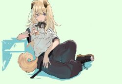 Rule 34 | 1girl, alternate costume, animal ears, belt, black belt, black footwear, black pants, blonde hair, blue eyes, closed mouth, collared shirt, commentary request, cup, disposable cup, dog ears, dog tail, drinking, drinking straw, drinking straw in mouth, full body, green nails, grey background, holding, holding cup, kmnz, leaning on object, long hair, looking at viewer, mc lita, nail polish, pants, seimannu, shirt, shoes, short sleeves, sitting, sneakers, solo, tail, virtual youtuber, white shirt