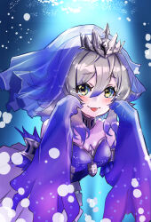 Rule 34 | 1girl, bare shoulders, black background, blue dress, blush, breasts, detached sleeves, dress, duel monster, highres, long sleeves, medium breasts, noppe, short hair, siren (mythology), skirt, sleeves past wrists, solo, sparkle, tearlaments merrli, tears, tiara, tongue, tongue out, underwater, veil, white hair, white skirt, yellow eyes, yu-gi-oh!, yu-gi-oh! master duel