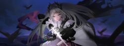 Rule 34 | 1girl, absurdres, ammunition belt, arknights, bird, black gloves, capelet, closed mouth, earrings, gloves, glowing, glowing sword, glowing weapon, grey eyes, grey hair, gun, head wings, highres, holding, holding sword, holding weapon, irene (arknights), jewelry, long hair, long sleeves, looking at viewer, mal (malqsm), night, night sky, outdoors, rapier, scar, scar across eye, scar on face, serious, sky, smile, solo, sword, upper body, very long hair, weapon, white capelet, wings
