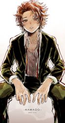 Rule 34 | 1boy, blush, brown hair, character name, collared shirt, dress shirt, earrings, feet out of frame, green jacket, green pants, half-closed eyes, invisible chair, jacket, jewelry, kamado tanjirou, kimetsu no yaiba, kkk 0mg, looking at viewer, male focus, neck ribbon, pants, red eyes, red ribbon, ribbon, scar, scar on face, scar on forehead, shirt, short hair, sitting, solo, twitter username, untied, white background, white shirt