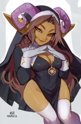 Rule 34 | 1girl, absurdres, artist name, black dress, breasts, brown hair, cleavage, colored skin, dress, female goblin, gloves, goblin, gold necklace, green skin, habit, highres, horns, jewelry, long hair, looking at viewer, maewix (artist), medium breasts, necklace, nun, orange eyes, original, pelvic curtain, pointy ears, purple horns, sheep horns, signature, smile, solo, thighhighs, white gloves, white thighhighs