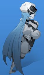 Rule 34 | 10s, 1girl, akame ga kill!, black neckwear, blue background, blue hair, blue theme, breasts, cleavage, esdeath, full body, hat, large breasts, long hair, looking at another, military, military uniform, minami koyogi, monochrome, peaked cap, shadow, simple background, solo, standing, uniform, very long hair