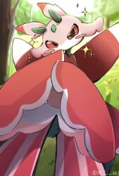 Rule 34 | 1girl, antennae, arthropod girl, artist name, black eyes, blurry, blurry background, blush, blush stickers, colored sclera, colored skin, creatures (company), day, female focus, forest, game freak, gen 7 pokemon, green skin, hands up, head tilt, highres, looking at viewer, lurantis, multicolored skin, my (my 6633), nature, nintendo, no mouth, outdoors, own hands together, pink skin, pokemon, pokemon (creature), red sclera, signature, solo, sparkle, standing, striped skin, tree, twitter username, white skin