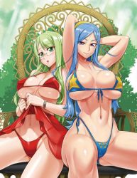 Rule 34 | 2girls, bikini, breasts, character request, cleavage, female focus, fire fire fire, hair between eyes, large breasts, long hair, looking at viewer, multiple girls, navel, open mouth, satou shouji, sidelocks, smile, swimsuit