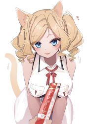 Rule 34 | 1girl, :p, animal ears, ascot, blonde hair, blue dress, blue eyes, breast pocket, breasts, cat day, cat ears, cat girl, cat tail, crop top, dress, drill hair, heart, honolulu (kancolle), kantai collection, kemonomimi mode, large breasts, long hair, military, military uniform, pleated dress, pocket, red ascot, simple background, sleeveless, sleeveless jacket, tail, tongue, tongue out, twin drills, twintails, uniform, white background, yamashichi (mtseven)