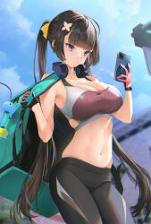 Rule 34 | 1girl, armpits, backpack, bad id, bad twitter id, bag, bare arms, bare shoulders, black hair, black pants, breasts, cellphone, cleavage, clothing cutout, cowboy shot, crop top, gloves, hair ornament, hair ribbon, hands up, headphones, headphones around neck, highres, holding, holding phone, large breasts, long hair, mhk (mechamania), midriff, navel, original, pants, phone, pink gloves, purple eyes, ribbon, side cutout, skindentation, sleeveless, smartphone, solo, sports bra, stomach, track pants, twintails, twintails day, two-tone sports bra, very long hair, watch, wristwatch