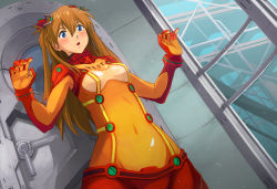Rule 34 | 00s, 10s, 1girl, :o, armpits, blue eyes, blush, bodysuit, bra, bracer, breasts, brown hair, clothes writing, covered navel, cowboy shot, door, dutch angle, elrowa, embarrassed, english text, evangelion: 2.0 you can (not) advance, from below, gloves, groin, hair ornament, hairpods, headgear, hip focus, indoors, interface headset, long hair, looking at viewer, multicolored clothes, neon genesis evangelion, open mouth, parted bangs, pilot suit, plugsuit, rebuild of evangelion, red bodysuit, see-through, see-through bodysuit, shiny clothes, small breasts, solo, souryuu asuka langley, surprised, surprised arms, test plugsuit, turtleneck, twintails, two side up, underwear, very long hair, wide hips, window