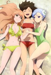 Rule 34 | 10s, 3girls, :d, absurdres, bare legs, bare shoulders, beach, bikini, blue hair, breasts, brown hair, cleavage, collarbone, female focus, fin e ld si laffinty, fingernails, flower, front-tie top, girl sandwich, green one-piece swimsuit, hair between eyes, hair flower, hair ornament, highres, holding hands, kutsuzawa youko, kyouno madoka, legs, long hair, lying, medium breasts, muginami, multiple girls, non-web source, nyantype, official art, on back, on side, one-piece swimsuit, open mouth, orange hair, purple eyes, red bikini, rinne no lagrange, sand, sandwiched, scan, short hair, side-tie bikini bottom, small breasts, smile, strapless, strapless one-piece swimsuit, swimsuit, wife and wife and wife, yellow bikini, yellow eyes, yuri