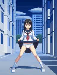 Rule 34 | 1girl, black eyes, black hair, blouse, blue sailor collar, blue skirt, blue sky, blush, bow, bow panties, building, closed mouth, clothes lift, cloud, cloudy sky, commentary, cross-laced footwear, crotch seam, day, highres, lifting own clothes, long hair, long sleeves, looking at viewer, maburu (lojyq1eur3e8bit), miniskirt, neckerchief, original, outdoors, panties, pleated skirt, red neckerchief, sailor collar, shirt, shoes, skirt, skirt lift, sky, smile, sneakers, socks, solo, spread legs, standing, underwear, white footwear, white panties, white shirt, white socks