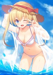 Rule 34 | 1girl, ;d, arm up, bikini, blonde hair, blue eyes, blue sky, breasts, cleavage, cloud, collarbone, commentary request, day, hair between eyes, hair bobbles, hair ornament, hat, highres, jacket, leaning forward, long hair, long sleeves, looking at viewer, medium breasts, moe2018, ocean, one eye closed, open clothes, open jacket, open mouth, original, outdoors, rennkuu, side-tie bikini bottom, sky, smile, solo, straw hat, sun hat, swimsuit, twintails, v over eye, water, wet jacket, white bikini, white jacket