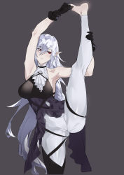 Rule 34 | 1girl, absurdres, arknights, ascot, bare shoulders, black background, black dress, black gloves, chinese commentary, commentary, dress, gladiia (arknights), gloves, hat, highres, holding own foot, light blush, looking away, looking to the side, pants, pointy ears, red eyes, ryofu (pixiv12347507), sideways glance, silver hair, split, standing, standing on one leg, standing split, tight clothes, tight pants, white ascot, white pants