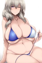 Rule 34 | 1girl, absurdres, arm support, bikini, blue bikini, blue eyes, breasts, cleavage, closed mouth, collarbone, commentary request, gradient background, grey hair, hair between eyes, highres, huge breasts, long hair, looking at viewer, mature female, navel, one eye closed, plump, simple background, sitting, skindentation, smile, stomach, swimsuit, tsukasawa takamatsu, uzaki-chan wa asobitai!, uzaki tsuki