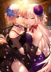 Rule 34 | 2girls, absurdres, ahoge, bare shoulders, black choker, black dress, black gloves, blonde hair, blue eyes, blurry, braid, breast press, breasts, choker, closed mouth, commentary request, contemporary, depth of field, dress, elbow gloves, fate/grand order, fate (series), flower, flower request, from side, gloves, hair between eyes, hair flower, hair ornament, highres, holding hands, indoors, interlocked fingers, jeanne d&#039;arc (fate), jeanne d&#039;arc (formal dress) (fate), jeanne d&#039;arc (ruler) (fate), jeanne d&#039;arc alter (avenger) (fate), jeanne d&#039;arc alter (avenger) (third ascension) (fate), jeanne d&#039;arc alter (fate), large breasts, light smile, lips, long braid, long hair, multiple girls, nakanishi tatsuya, neck ribbon, official alternate costume, purple dress, red ribbon, ribbon, see-through, shiny clothes, side slit, silver hair, single braid, tsurime, very long hair, yellow eyes