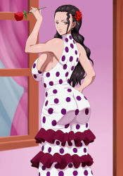 Rule 34 | 1girl, bare arms, bare shoulders, black hair, breasts, cleavage, dress, earrings, feet out of frame, flamenco dress, flower, frilled dress, frills, from behind, hair flower, hair ornament, hair slicked back, highres, huge breasts, jewelry, large breasts, long hair, looking at viewer, looking back, one piece, pinkpawg, polka dot, polka dot dress, red eyes, red flower, red rose, rose, sideboob, sleeveless, sleeveless dress, solo, standing, twisted torso, viola (one piece), white dress, window