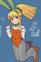 Rule 34 | alternate costume, animal ears, artist name, black pantyhose, blonde hair, blue background, blue eyes, blunt bangs, blush, bow, bowtie, capcom, commission, covered navel, detached collar, fake animal ears, fake tail, flat chest, full body, green bow, heels, high heels, highleg, highleg leotard, leotard, looking at viewer, mega man (classic), mega man (series), bowtie, pantyhose, playboy bunny, ponytail, rabbit ears, rabbit pose, rabbit tail, red footwear, red leotard, roll (mega man), scrunchie, side-tie leotard, sidelocks, simple background, solo, sooperman, strapless, strapless leotard, tail, thighs, wrist cuffs