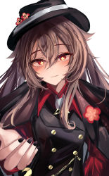 Rule 34 | 1girl, absurdres, black coat, black hat, black nails, blush, brown hair, coat, collared shirt, flower, flower-shaped pupils, genshin impact, hand up, hat, hat flower, hat ornament, highres, hu tao (genshin impact), long hair, looking at viewer, nail polish, outstretched arm, plum blossoms, red eyes, red shirt, shirt, sidelocks, smile, solo, symbol-shaped pupils, teca (ryeol), uniform, upper body, white background